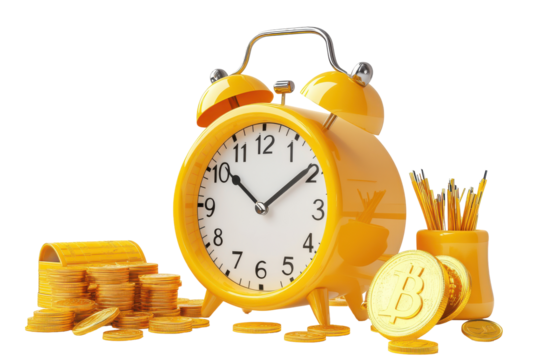 Yellow alarm clock with gold coins and pencils isolated on transparent background. Yellow alarm clock calendar coins and bell isolated on a white background, 3D rendering.