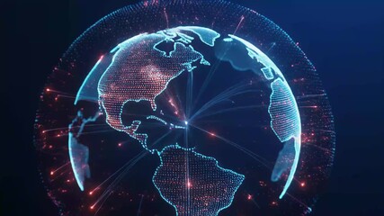 Glowing digital earth with glowing lines connecting continents representing global network, Digital perspective zoom through glowing neon tunnel, High-speed network and virtual reality concept. - Powered by Adobe