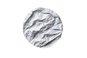 Crushed crumpled white paper oval shape isolated on transparent background. Circular light gray crumpled piece of paper or sticker isolated on white background.