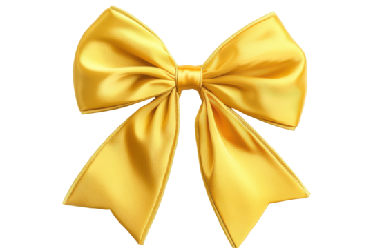 Bright yellow fabric bow tie isolated on transparent background. Yellow bow with yellow ribbon isolated on white background.