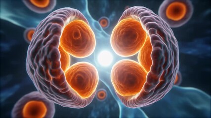 Microscopic cell division process animated background with glowing nucleus and cellular, Microscopic cell division with glowing nucleus, Abstract biology and cellular reproduction concept. - Powered by Adobe