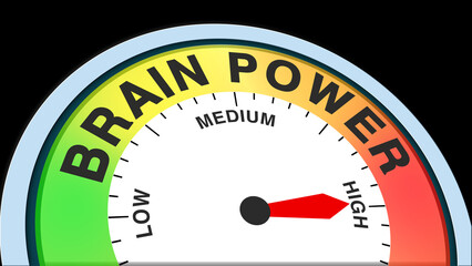 Brain power high level concept illustration with barometer or tachometer meter on black background. Ideal for intelligence, focus, energy, and educational or science visuals