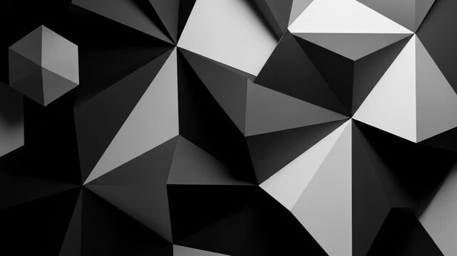 A monochrome, abstract geometric background composed of sharp, intersecting planes with varying light and shadow