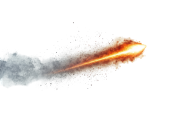 Fiery meteor streaking through space isolated on transparent background. Meteor streaks across the sky leaving a trail of sparks on isolated on white background.