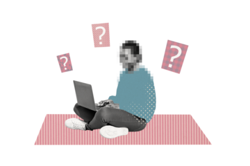 Composite photo collage of anonym blurred human sit macbook device browsing type news freelance work isolated on painted background