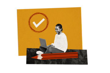 Composite photo collage of happy american girl sit macbook device type message pencil check mark approve isolated on painted background