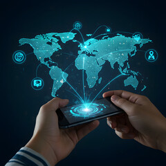 Global Communication via Smartphone, Digital Data Transfer Concept