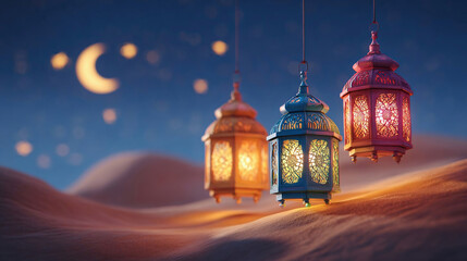 Fototapeta premium Colorful Ramadan lantern on desert dunes. Islamic greeting Eid Mubarak cards for Muslim Holidays.