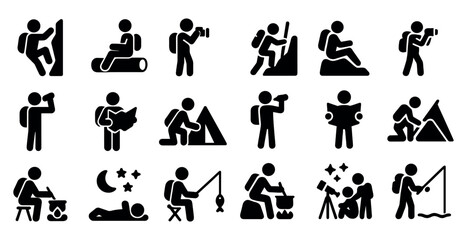 Adventure and hiking solid icons set – camping, outdoor, recreation symbols