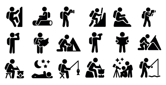 Adventure and hiking solid icons set &ndash; camping, outdoor, recreation symbols