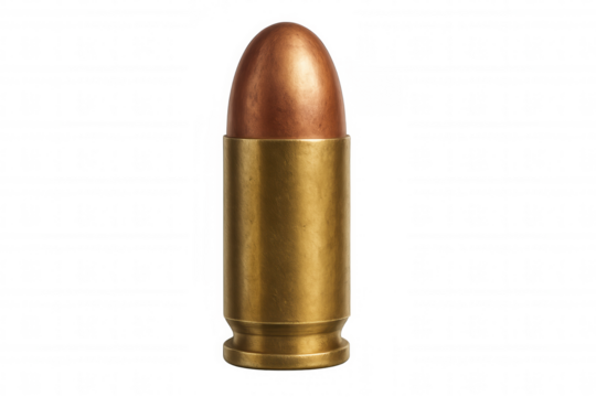 Single firearm ammunition cartridge featuring a brass casing and copper bullet, representing danger, power, and security