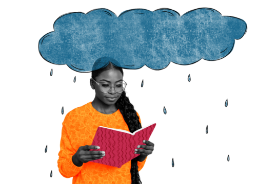 Composite photo collage of happy american girl read book outdoors autumn rain cyclone weather cloud storm isolated on painted background
