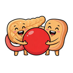 Cute cartoon illustration of pancreas and duodenum organ characters hugging a red ball, isolated on transparent background