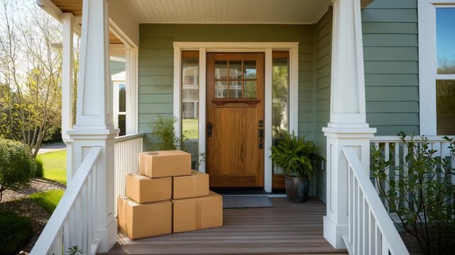 Many delivered stack of cardboard boxes in front of a door at home. Delivery, Representing online retail convenience, Fast shipping concept	