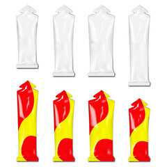 Stick pack vertical sachet with tear-off triangle top. Realistic vector mockup set. White and color design. Easy editable mock-up. Long pouch package. Mock-up. Flat plastic bag size kit. Template