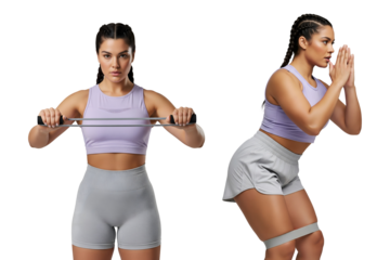 Resistance band fitness woman in lilac, resistance band workout set, resistance training exercise model, resistance sportswear, Isolated on transparent background, png