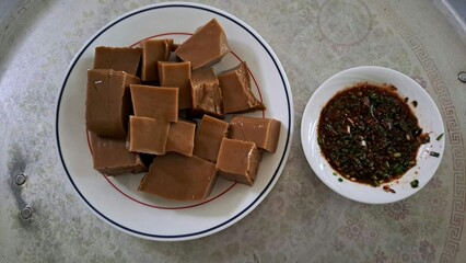 korean traditional dotorimuk acorn jelly with seasoned soy sauce dipping