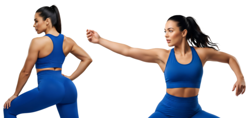 Royal blue fitness set woman, blue activewear training poses, blue workout leggings and bra, blue sportswear, Isolated on transparent background, png