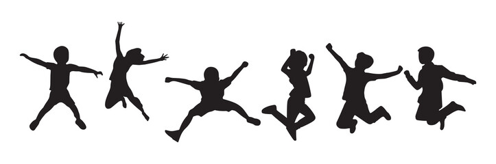 Black silhouette of children jumping for joy showing energy fun and happiness in motion Active kids vector illustration isolated on a white background perfect for children activities family concepts p