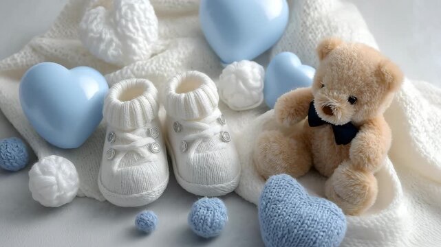 A baby clothes surrounding by pregnancy announcement, blue and white balloons with heart shape and knitted baby booties, teddy bear on a soft blanket. Baby shower	