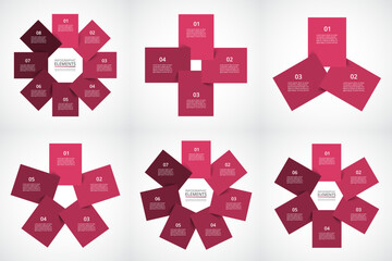Set of creative infographic templates with 3, 4, 5, 6, 7 and 8 options, parts or processes.
