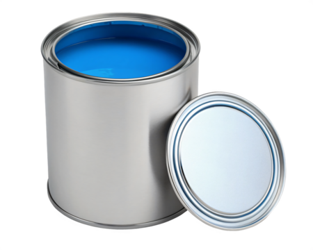 Blue Paint Bucket: A freshly opened metal paint bucket showcases a vibrant pool of blue paint, alongside its detached lid. This image captures the essence of home improvement and creativity. 