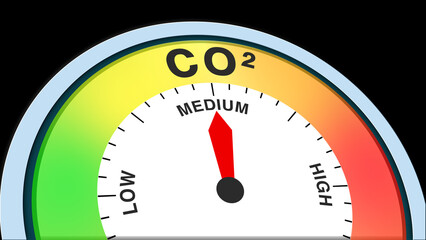 CO2 medium level concept illustration with barometer or tachometer meter on black background. Ideal for environment, climate, chemistry, and air quality educational visuals