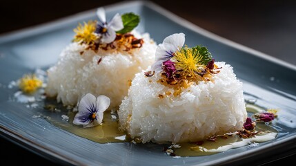 Thai sticky rice plated in French patisserie style, delicate presentation