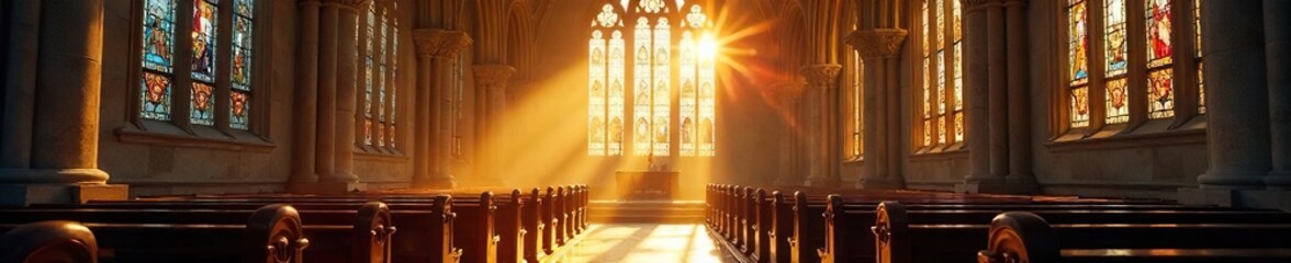 Sunlit Stained Glass Church Interior Peaceful Tranquility and Architectural Detail