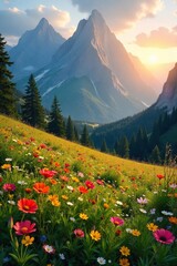 Sunrise Meadow Majestic Mountain Panorama, Wildflowers in Golden Light