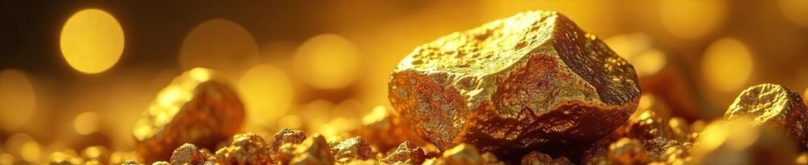 Gleaming Gold Nugget Raw Gold Texture, Close-up Macro Shot of Lustrous Metallic Sheen, Rich Warm Color, Precious Metal, Luxury
