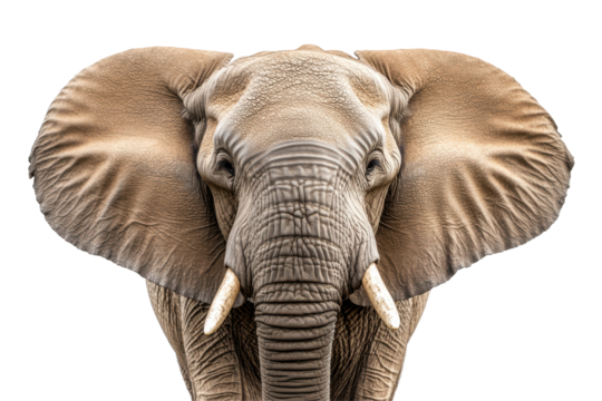 Close up portrait of an african elephant isolated on transparent background. African elephant isolated on white background.