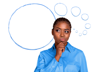 Creative collage banner poster of girl thinking look text box on blue color background