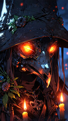 Plague doctor in a dark, dramatic setting, featuring a metallic mask with glowing orange eyes