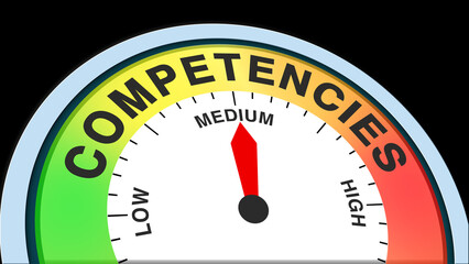 Competencies medium level concept illustration with barometer or tachometer meter on black background. Ideal for skills, performance, training, and professional development educational visuals