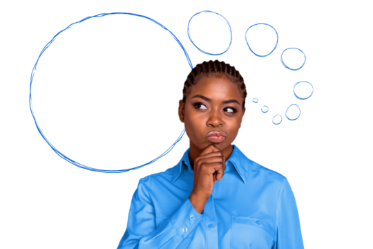 Creative collage banner poster of girl thinking look text box on blue color background