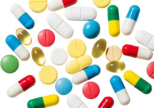  assorted colorful medicine tablets and capsules isolated 