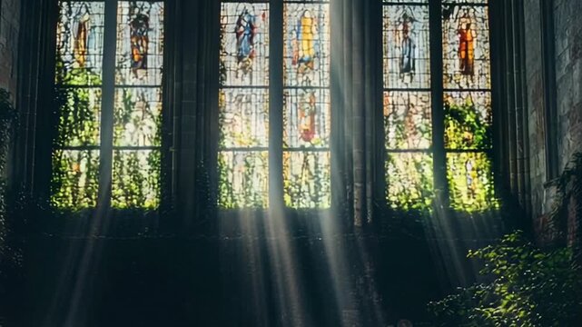 Sunbeams stream through stained-glass windows in an overgrown, derelict church