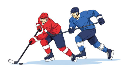 Fototapeta premium Ice Hockey Action: An illustration of two hockey players engage in a dynamic ice hockey game, showcasing the speed, skill, and intensity of the sport.