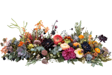 Vibrant dutch master style floral arrangement isolated on transparent background. Arrangement of vibrant flowers showcasing a variety of colors and textures isolate on white background.