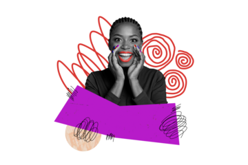 Composite trend artwork 3D sketch image photo collage of young lady african race makeup red lipstick manicure proclaim hand hold speech
