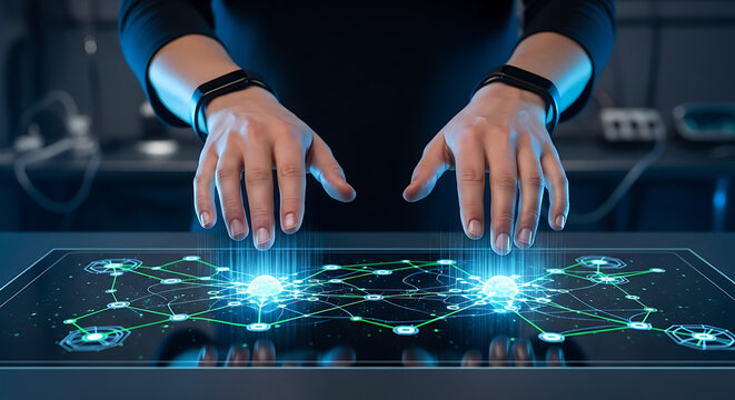 Futuristic interface showing interconnected data nodes with glowing blue lights and hands interacting with the screen