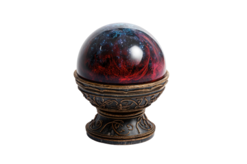 Ornate antique stand holding a dark red crystal isolated on transparent background. Artifact of magic isolate on white background.