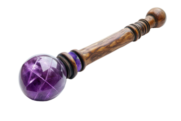 Fantasy magic wand with amethyst crystal isolated on transparent background. Artifact of magic isolated on white background.