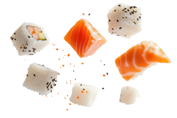 Assortment of fresh salmon sushi pieces isolated on transparent background. Assorted sushi pieces with salmon floating in the air isolated on white background.