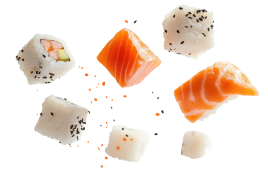 Assortment of fresh salmon sushi pieces isolated on transparent background. Assorted sushi pieces with salmon floating in the air isolated on white background.