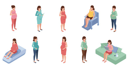 Isometric pregnant women in various everyday activities and poses set