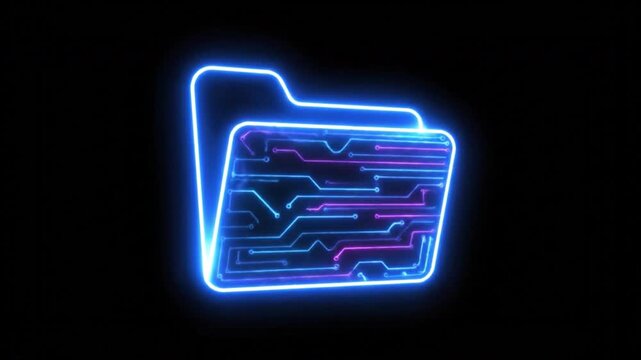 Neon Glowing Folder with Circuit Patterns Futuristic Exploration of Digital Storage, Technology, and Innovation in Data Management with Vibrant Colors and Dynamic Visual Effects