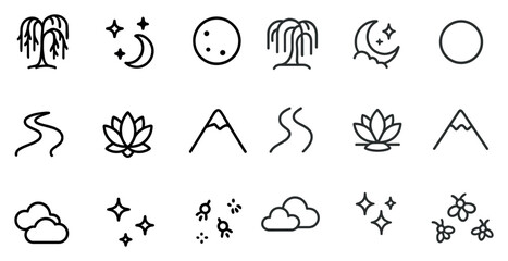 Fototapeta premium Nature and astronomy outline icons set – line, silhouette, celestial and botanical symbols