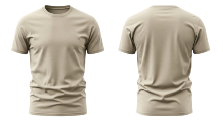 Beige t-shirt front and back view on white background for apparel mockup